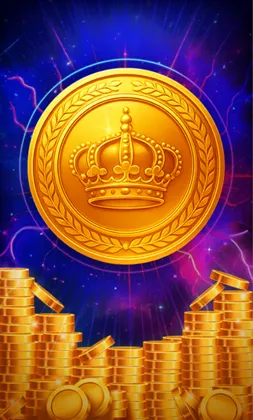 Slot-Cover mit Goldmünze mit Krone und Münzstapeln